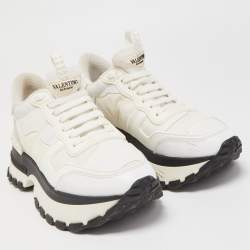 Pre Owned Valentino White Camo Print Leather and Canvas Rockrunner Platform Sneakers Size 38
