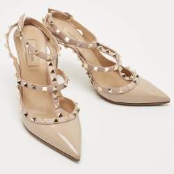 Pre Owned Valentino Beige Leather and Patent Leather Rockstud Pumps Size 39.5