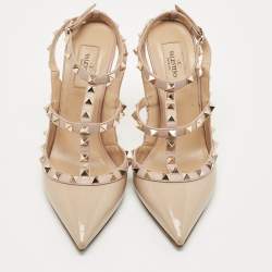 Pre Owned Valentino Beige Leather and Patent Leather Rockstud Pumps Size 39.5