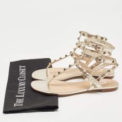 Pre Owned Valentino Metallic Gold Foil Leather Rockstud Strappy Flat Sandals Size 36