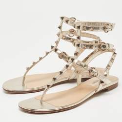 Pre Owned Valentino Metallic Gold Foil Leather Rockstud Strappy Flat Sandals Size 36