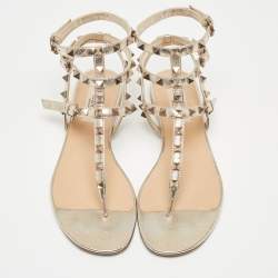 Pre Owned Valentino Metallic Gold Foil Leather Rockstud Strappy Flat Sandals Size 36