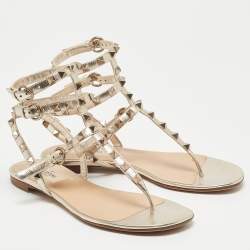 Pre Owned Valentino Metallic Gold Foil Leather Rockstud Strappy Flat Sandals Size 36