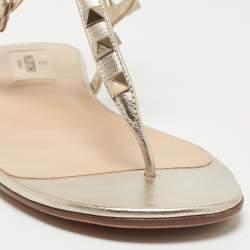 Pre Owned Valentino Metallic Gold Foil Leather Rockstud Strappy Flat Sandals Size 36