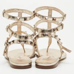 Pre Owned Valentino Metallic Gold Foil Leather Rockstud Strappy Flat Sandals Size 36
