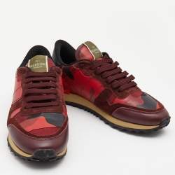 Pre Owned Valentino Red Leather and Canvas Rockrunner Low Top Sneakers Size 39.5