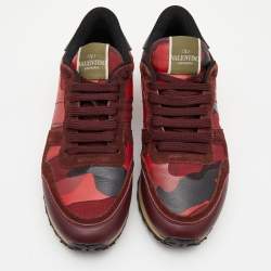 Pre Owned Valentino Red Leather and Canvas Rockrunner Low Top Sneakers Size 39.5