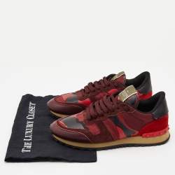 Pre Owned Valentino Red Leather and Canvas Rockrunner Low Top Sneakers Size 39.5