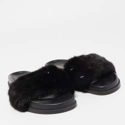Pre Owned Valentino Black Fur Rockstud Flat Slides Size 40