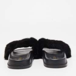 Pre Owned Valentino Black Fur Rockstud Flat Slides Size 40