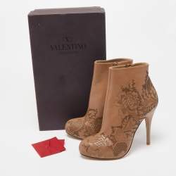 Valentino Beige Laser Cut Leather Platform Ankle Booties Size 39.5