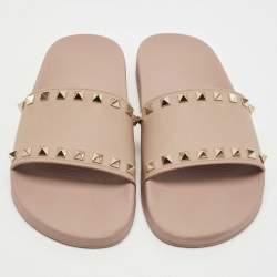 Pre Owned Valentino Beige Rubber Rockstud Slide Flats Size 40