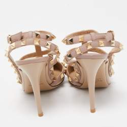 Pre Owned Valentino Beige Leather and Patent  Rockstud Ankle Strap Pumps Size 38