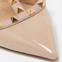 Pre Owned Valentino Beige Leather and Patent  Rockstud Ankle Strap Pumps Size 38