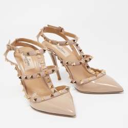 Pre Owned Valentino Beige Leather and Patent  Rockstud Ankle Strap Pumps Size 38