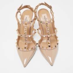 Pre Owned Valentino Beige Leather and Patent  Rockstud Ankle Strap Pumps Size 38