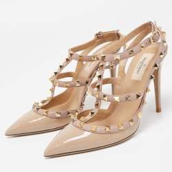 Pre Owned Valentino Beige Leather and Patent  Rockstud Ankle Strap Pumps Size 38