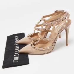 Pre Owned Valentino Beige Leather and Patent  Rockstud Ankle Strap Pumps Size 38