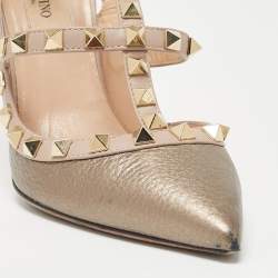 Pre Owned Valentino Metallic Olive Green/Beige Leather Rockstud Ankle Strap Pumps Size 35.5