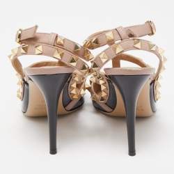 مملوكة مسبقًا Valentino Black/Beige Patent Leather And Leather Rockstud Ankle Strap Pumps Size 36.5
