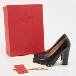 Pre Owned Valentino Black Leather Rockstud Block Heel Pumps Size 36