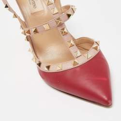 Pre Owned Valentino Red/Beige Leather Rockstud Strappy Pointed Toe Pumps Size 40