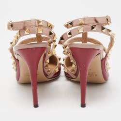 Pre Owned Valentino Red/Beige Leather Rockstud Strappy Pointed Toe Pumps Size 40
