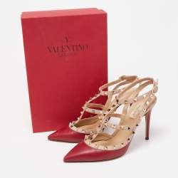 Pre Owned Valentino Red/Beige Leather Rockstud Strappy Pointed Toe Pumps Size 40