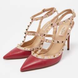 Pre Owned Valentino Red/Beige Leather Rockstud Strappy Pointed Toe Pumps Size 40