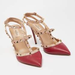Pre Owned Valentino Red/Beige Leather Rockstud Strappy Pointed Toe Pumps Size 40