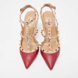 Pre Owned Valentino Red/Beige Leather Rockstud Strappy Pointed Toe Pumps Size 40