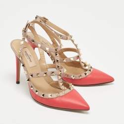 Pre Owned Valentino Pink Leather Rockstud Strappy Pointed Toe Pumps Size 36.5