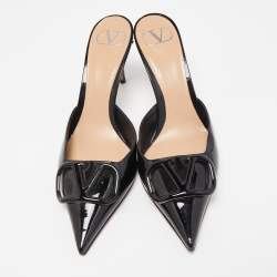 Pre Owned Valentino Black Patent Leather V LOGO Mules Size 39