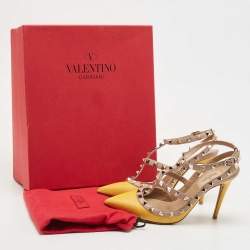 Pre Owned Valentino Yellow/Beige Leather Rockstud Strappy Pointed Toe Pumps Size 36.5