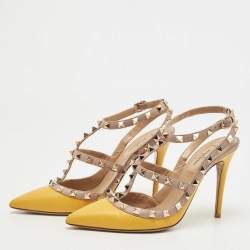 Pre Owned Valentino Yellow/Beige Leather Rockstud Strappy Pointed Toe Pumps Size 36.5