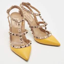 Pre Owned Valentino Yellow/Beige Leather Rockstud Strappy Pointed Toe Pumps Size 36.5
