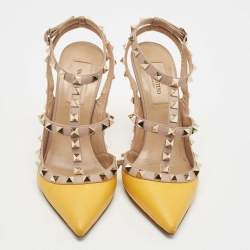 Pre Owned Valentino Yellow/Beige Leather Rockstud Strappy Pointed Toe Pumps Size 36.5