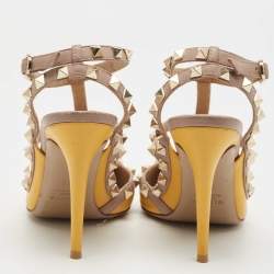 Pre Owned Valentino Yellow/Beige Leather Rockstud Strappy Pointed Toe Pumps Size 36.5