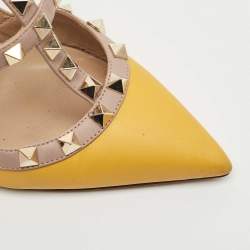 Pre Owned Valentino Yellow/Beige Leather Rockstud Strappy Pointed Toe Pumps Size 36.5
