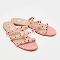 Pre Owned Valentino Pink Leather Rockstud Flat Slides Size 39