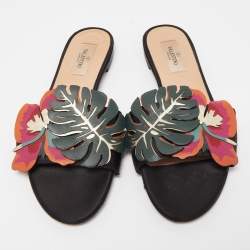 Pre Owned Valentino Multicolor Leather Tropical Dream Flat Slides Size 38