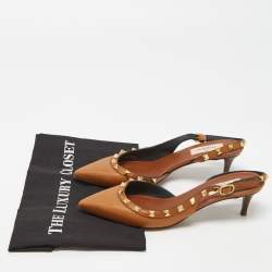 Pre Owned Valentino Brown Leather Rockstud Slingback Pumps Size 37.5