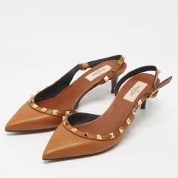 Pre Owned Valentino Brown Leather Rockstud Slingback Pumps Size 37.5