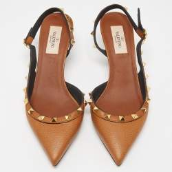 Pre Owned Valentino Brown Leather Rockstud Slingback Pumps Size 37.5