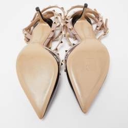 Pre Owned Valentino Black/Beige Patent and Leather Rockstud Caged Sandals Size 39