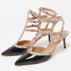 Pre Owned Valentino Black/Beige Patent and Leather Rockstud Caged Sandals Size 39