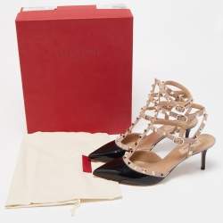 Pre Owned Valentino Black/Beige Patent and Leather Rockstud Caged Sandals Size 39