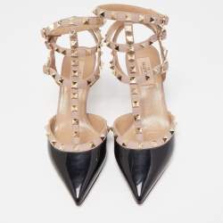 Pre Owned Valentino Black/Beige Patent and Leather Rockstud Caged Sandals Size 39