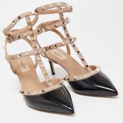 Pre Owned Valentino Black/Beige Patent and Leather Rockstud Caged Sandals Size 39