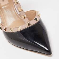 Pre Owned Valentino Black/Beige Patent and Leather Rockstud Caged Sandals Size 39